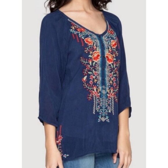 New Johnny Was Navy Floral Embroidered Cupra Rayon Boho Olivia Blouse Top - Picture 2 of 11